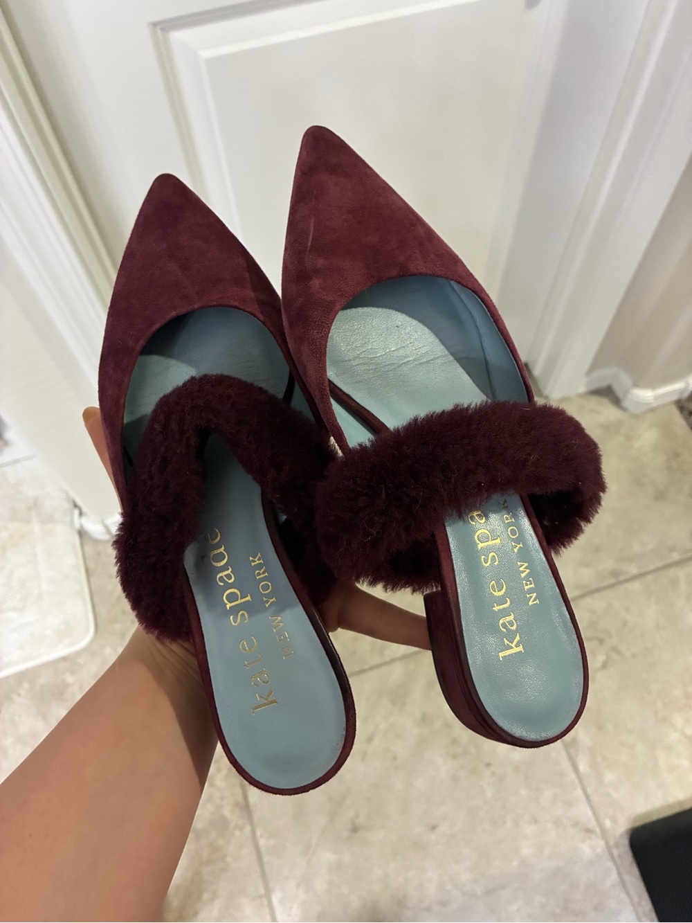 kate spade Burgundy Suede Pointed Fur-Trim Mules